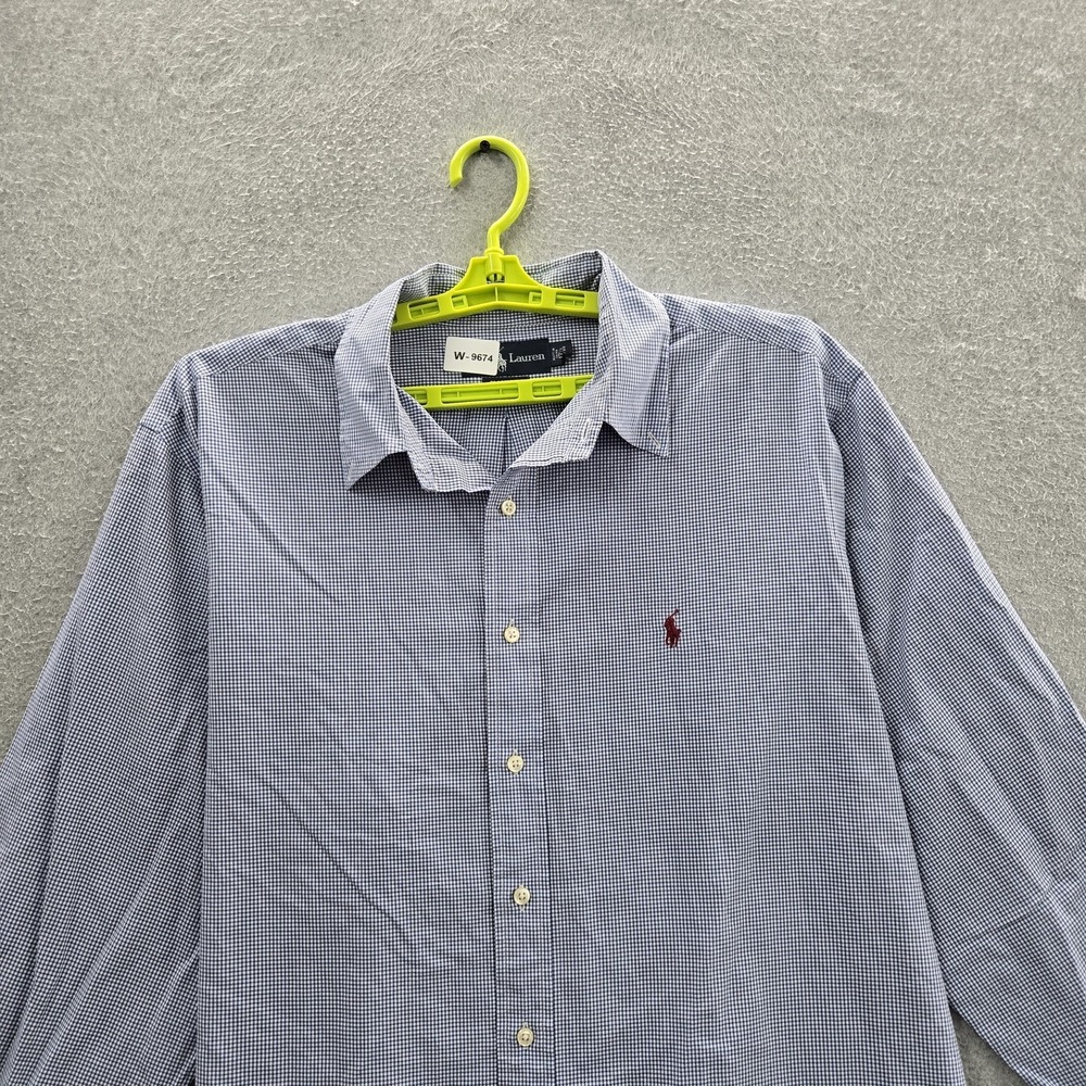 Ralph Lauren Men Button Up Shirt 17.5‎ Blue Embroidered Plaid Classic Gingham